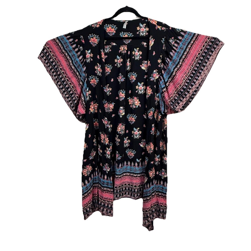 Francesca's Dark Floral Kimono Open Cardigan Wrap Cover Up Duster OS Festival